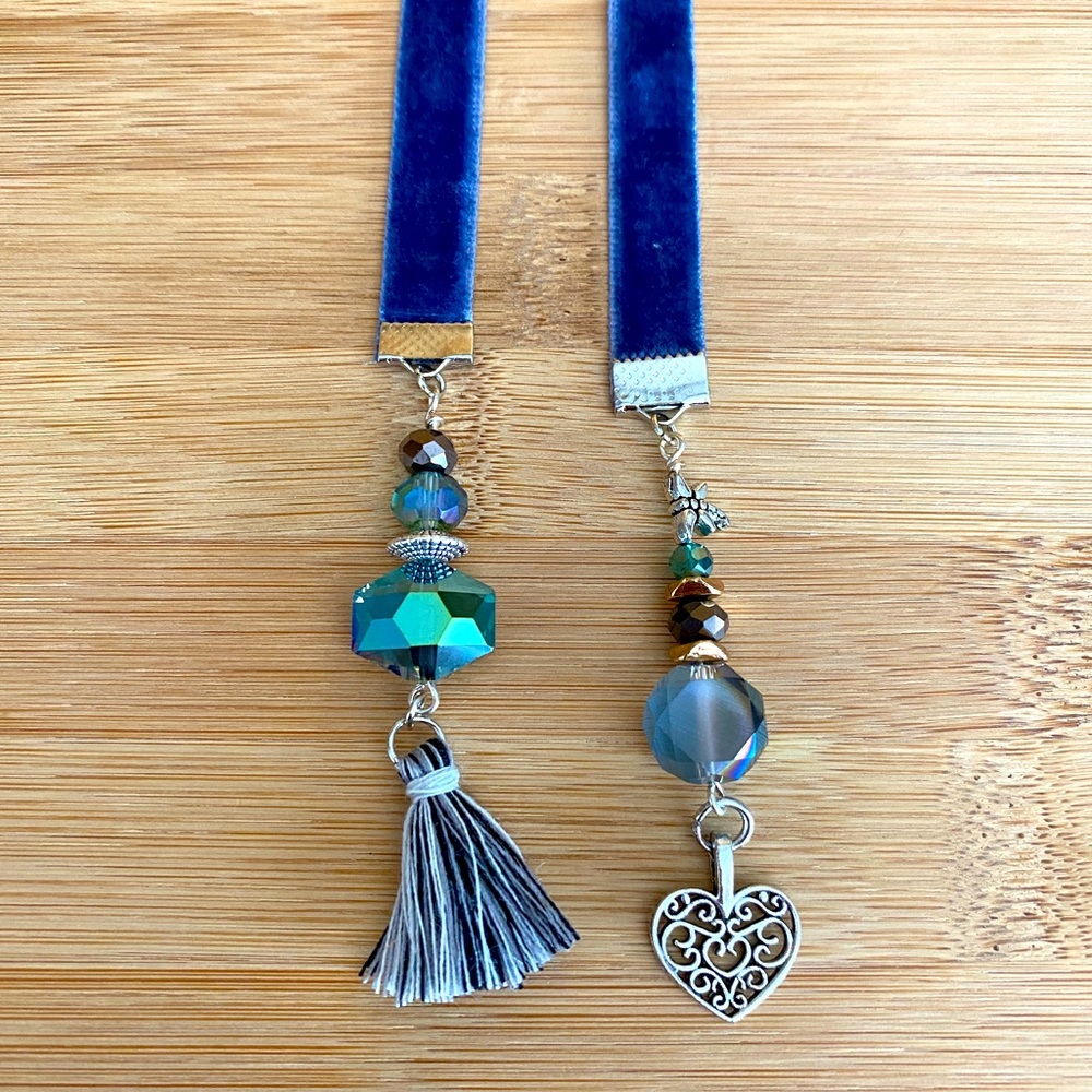 Blue Velvet Bookmark With Heart Charm